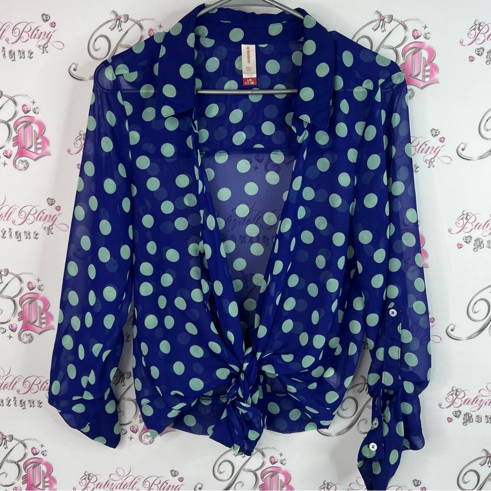 No Boundaries too long sleeves blue light blue Navy Polka Dot Blouse